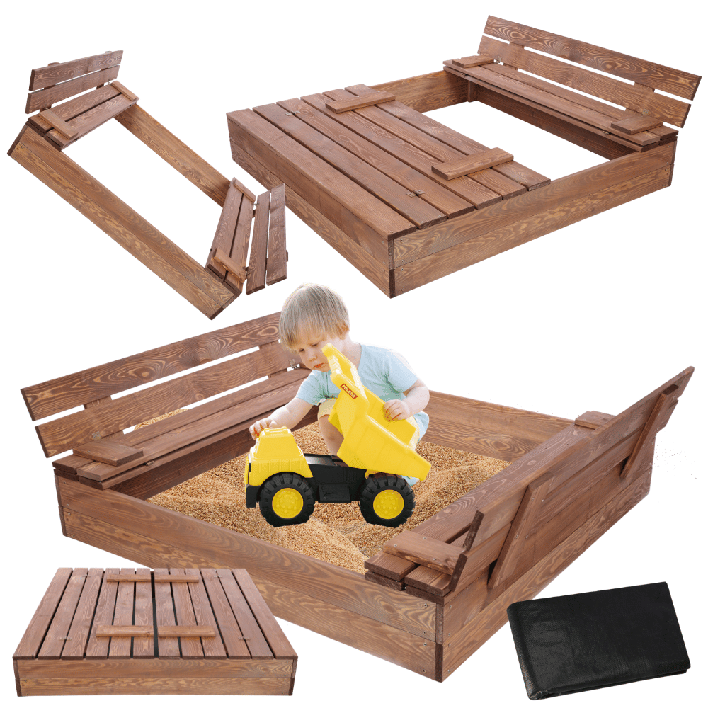 Piaskownica impregnowana 120x120 z ławeczkami AGROWŁÓKNINA POKRYWA oparcie