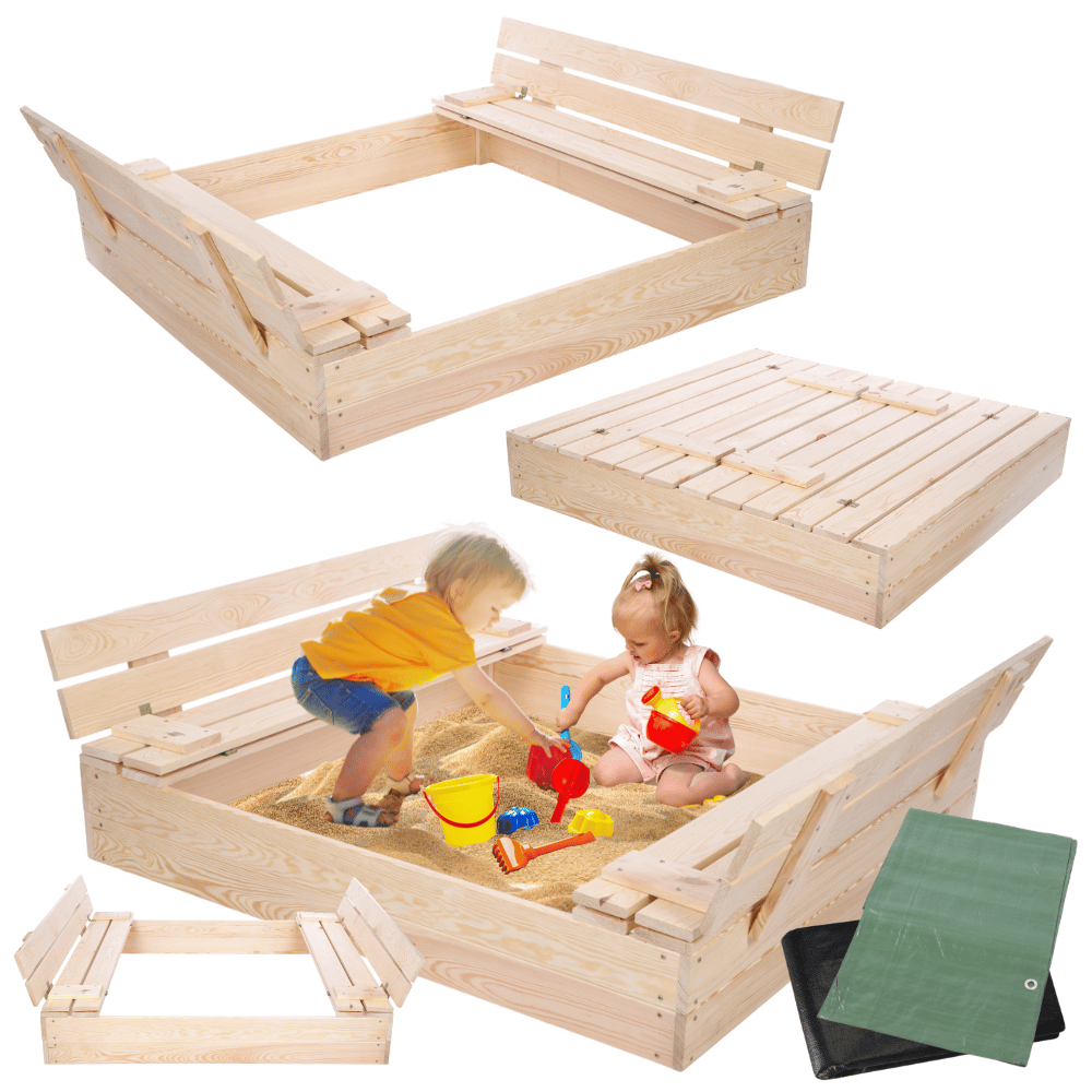 Piaskownica drewniana 120x120 z ławeczkami AGRO PLANDEKA pokrywa oparcie