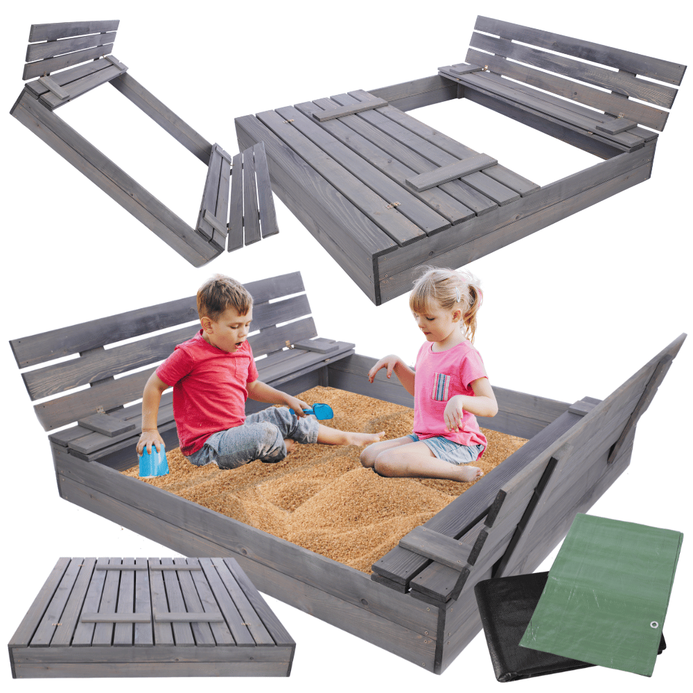 Piaskownica impregnowana 140x140 z ławeczkami AGRO PLANDEKA pokrywa oparcie