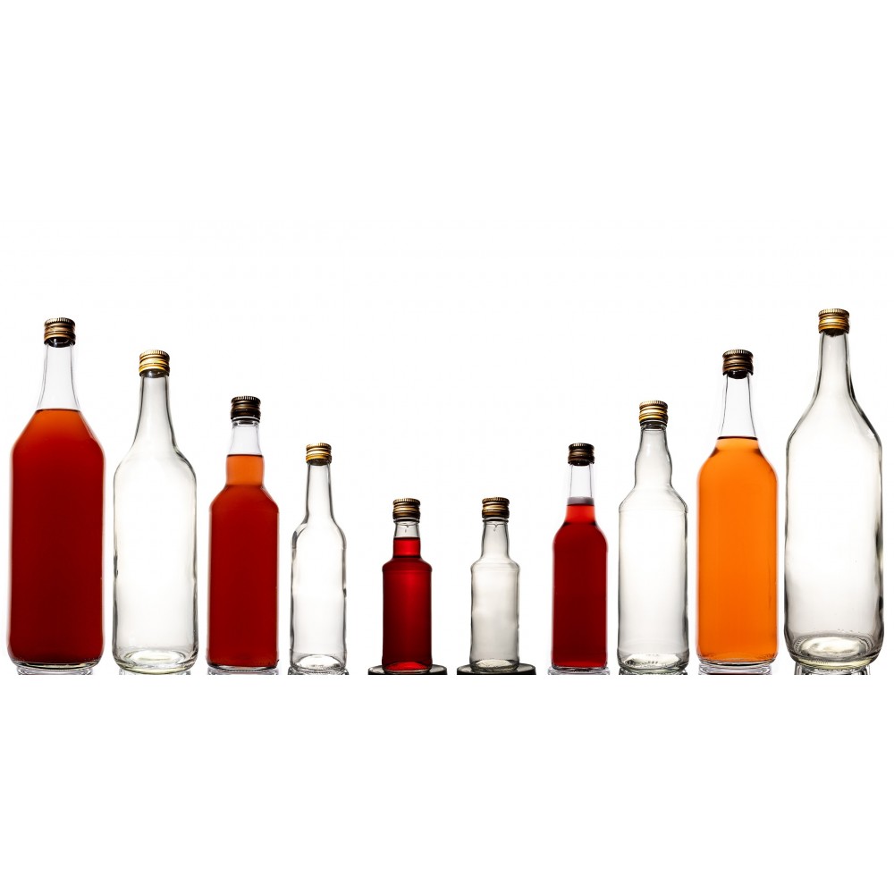 Przezroczysta butelka 330 ml ze złotą zakrętką fi 28mm · 6 sztuk