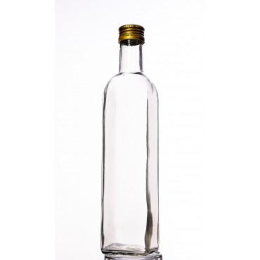 Kwadratowa butelka przezroczysta 500 ml ze złotą nakrętką fi 31,5 mm · 6 sztuk