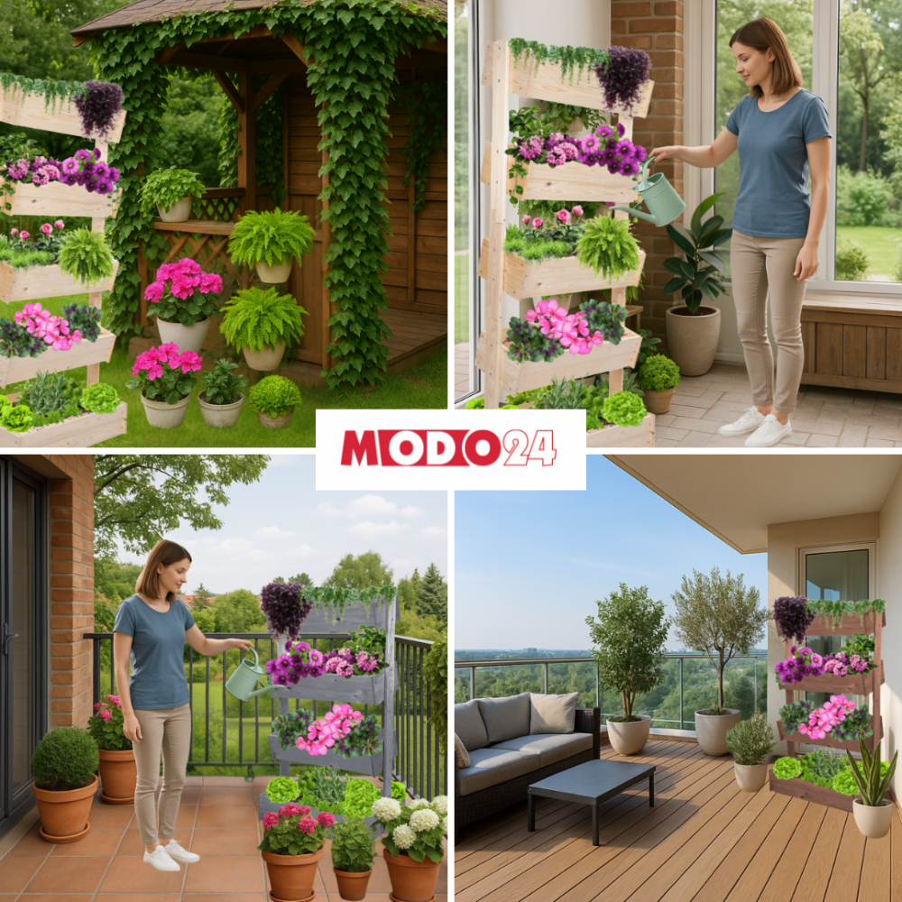 Kwietnik tarasowy drewniany 146 cm 4 półki impregnacja brązowa kwiaty ECO