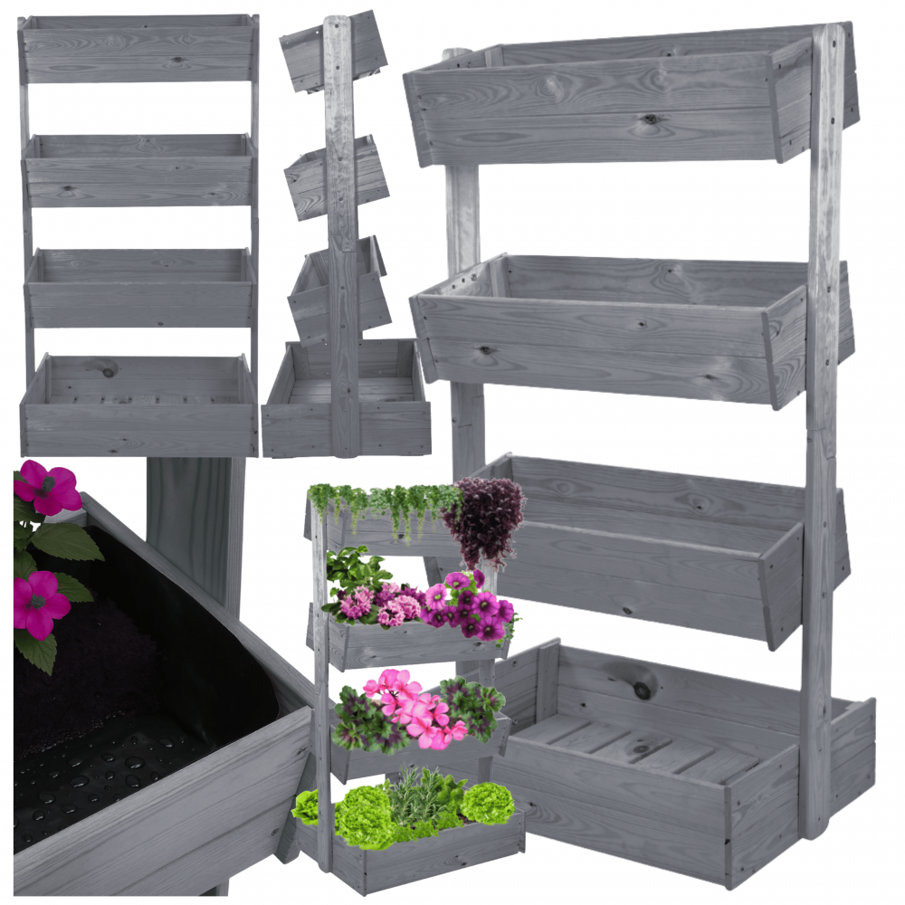 Kwietnik balkonowy drewniany 146 cm 4 półki impregnacja szara stojak ECO