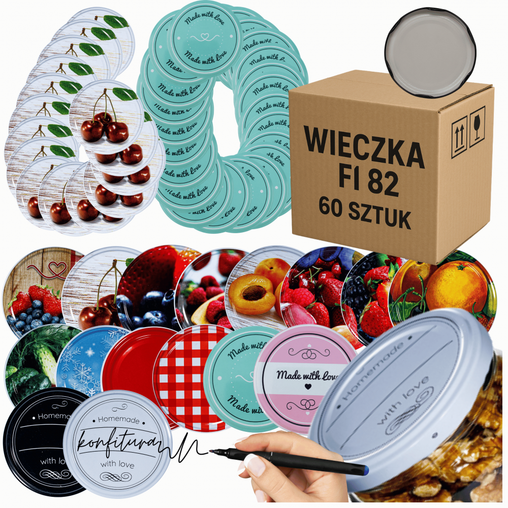 ZAKRĘTKI DO SŁOIKÓW FI82 NAKRĘTKI SŁOIKI WIECZKA 60szt 6-ZACZEPOWE WZORY