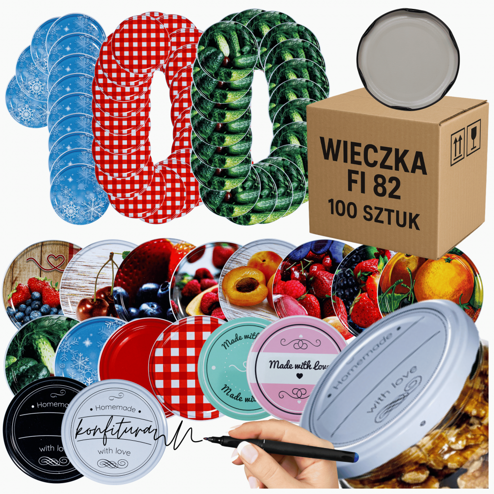 ZAKRĘTKI DO SŁOIKÓW FI82 NAKRĘTKI SŁOIKI WIECZKA 100szt 6-ZACZEPOWE WZORY
