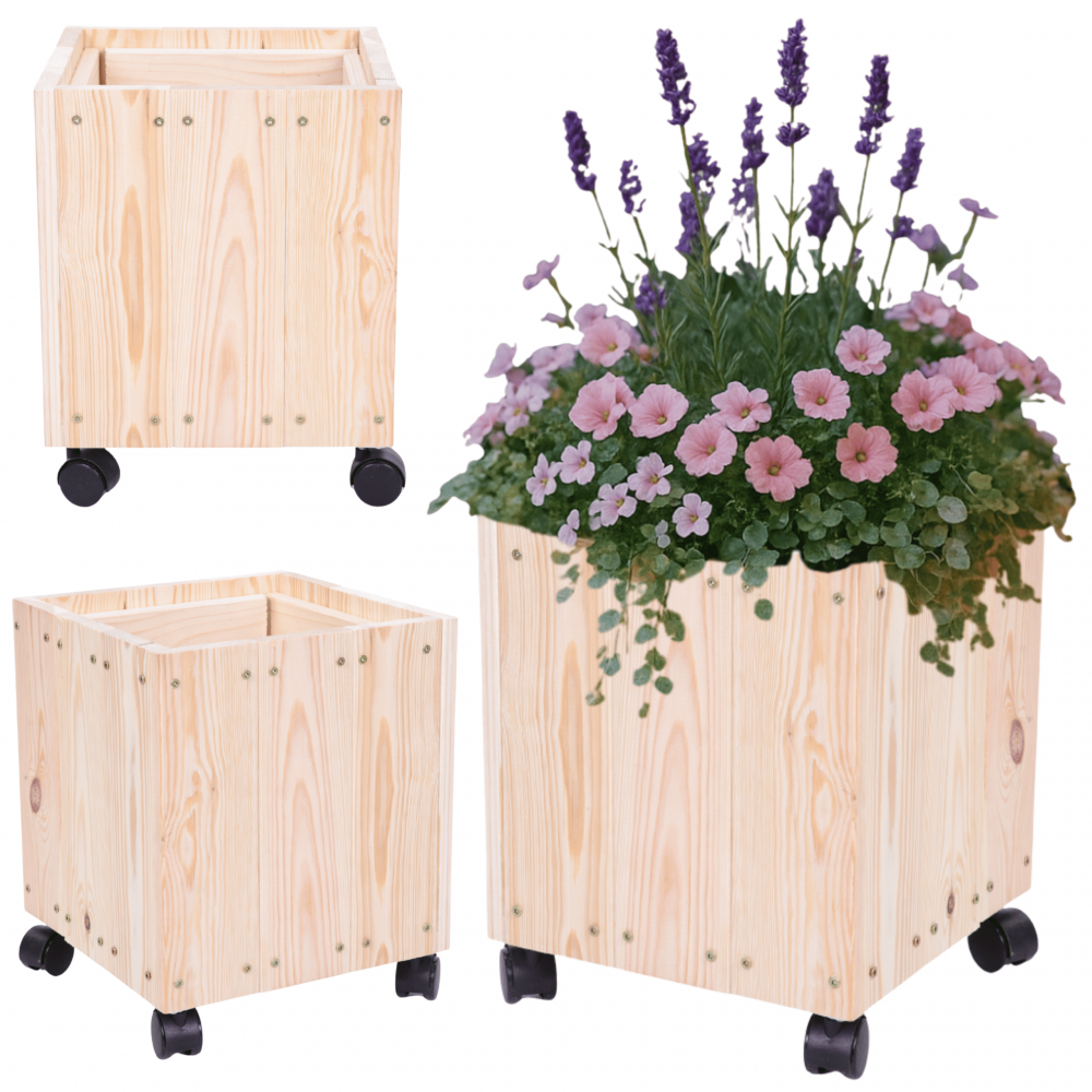 Donica drewniana naturalna 36x28x28 cm mobilna na kółkach balkonowa doniczka