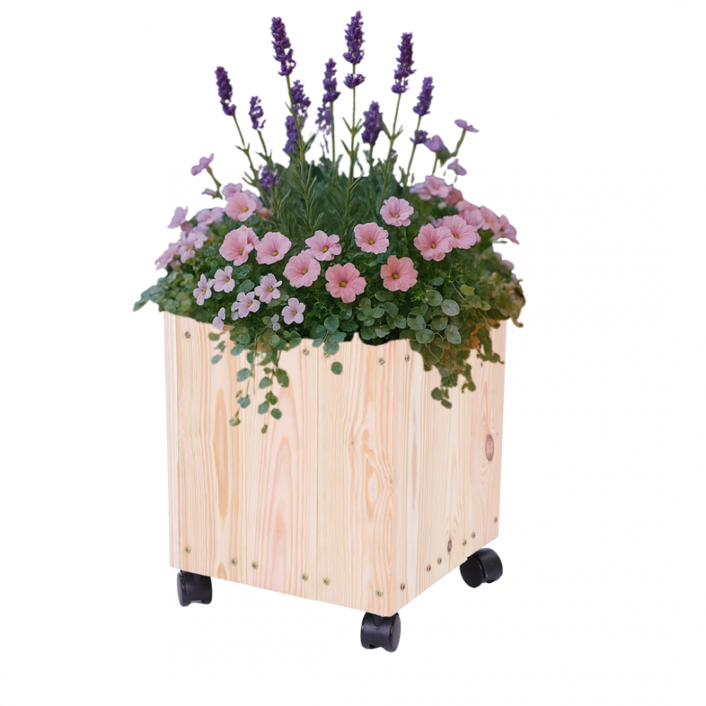 Donica drewniana 36x28x28 cm mobilna na kółkach do ogrodu doniczka