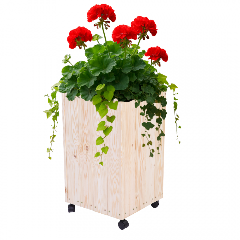 Donica drewniana naturalna 66x37x37 cm mobilna na kółkach tarasowa