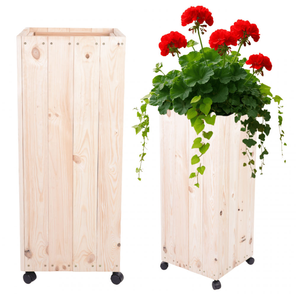 Donica drewniana naturalna 96x37x37 cm mobilna na kółkach tarasowa