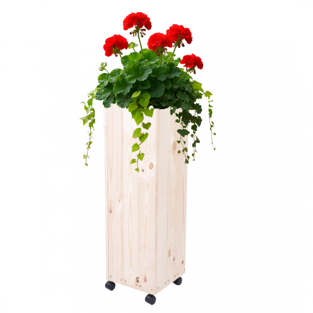 Donica drewniana naturalna 106x28x28 cm wysoka mobilna na kółkach