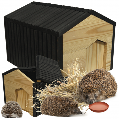 Domek dla jeża drewniany EKO impregnowany 25x36x27 cm z siankiem i miseczką