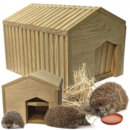 Domek dla jeża naturalny drewniany EKO 25x36x27 cm z siankiem i miseczką budka