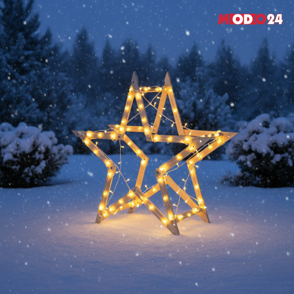 Gwiazda świąteczna 3D kompaktowa składana ModoStar 114 cm drewniana stojąca