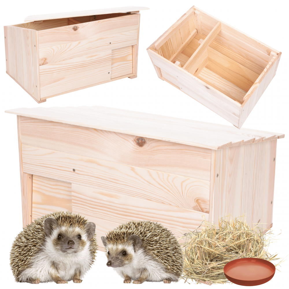 Domek dla jeża L naturalny schron drewniany miseczka i sianko ogrodowy eko