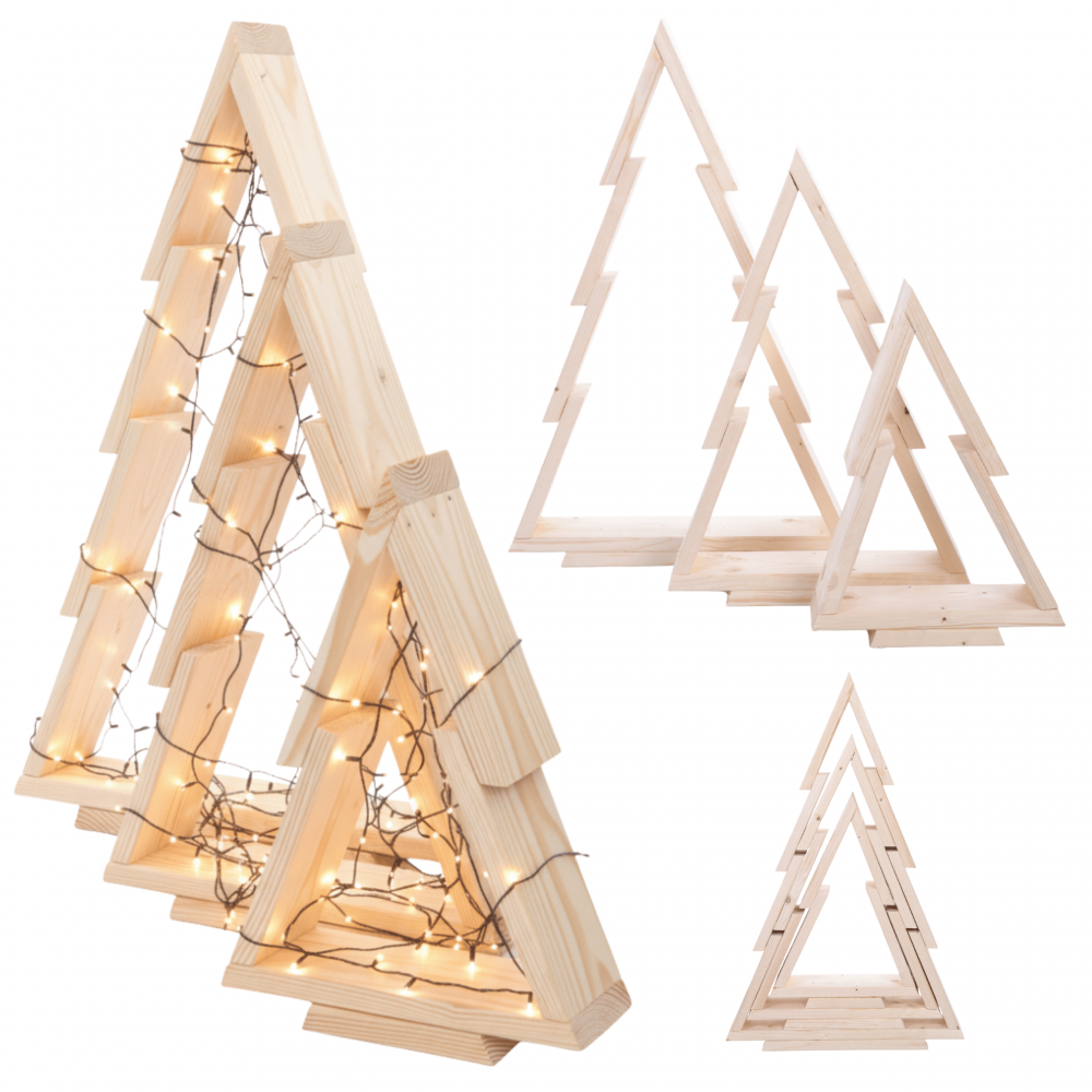 Zestaw 3 choinek CHOINKI DREWNIANE KOMPLET 43-75cm ZMONTOWANE EKO CHOINKA