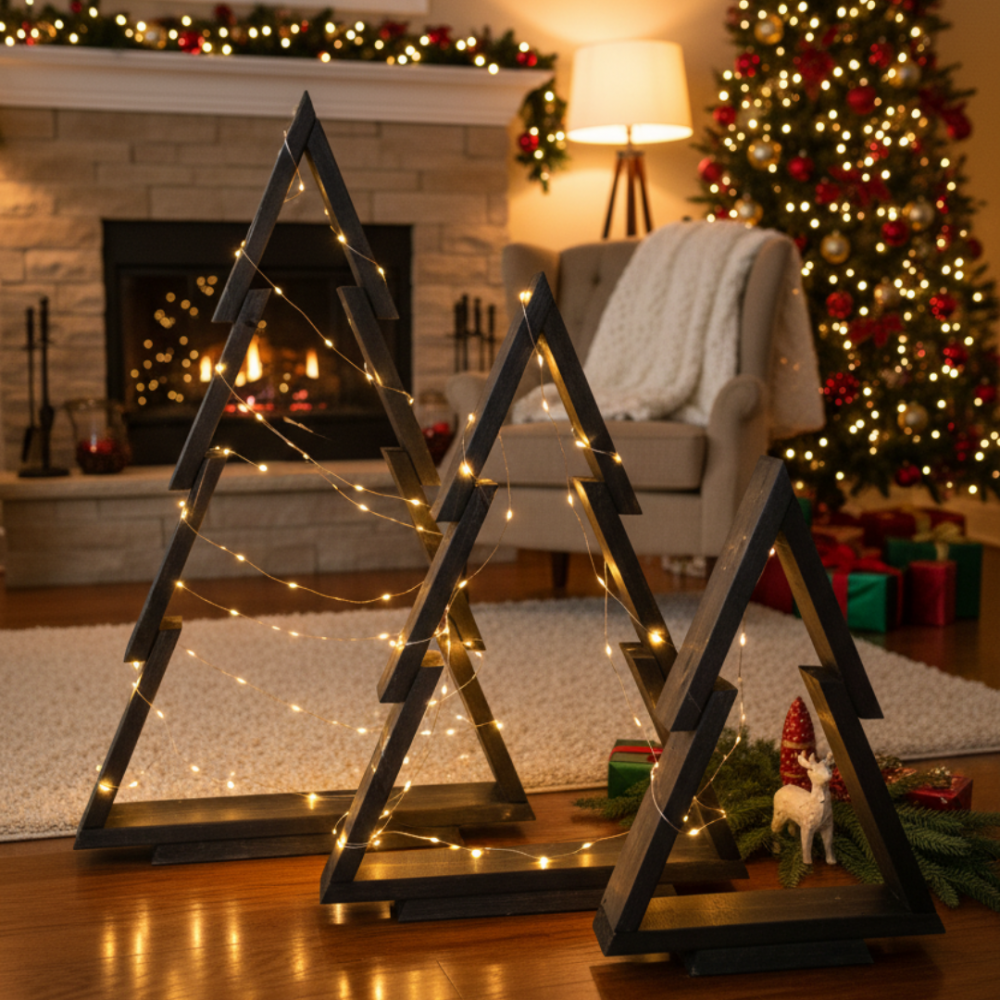 Zestaw 3 choinek CHOINKI DREWNIANE KOMPLET 43-75cm ZMONTOWANE IMPREGNAT