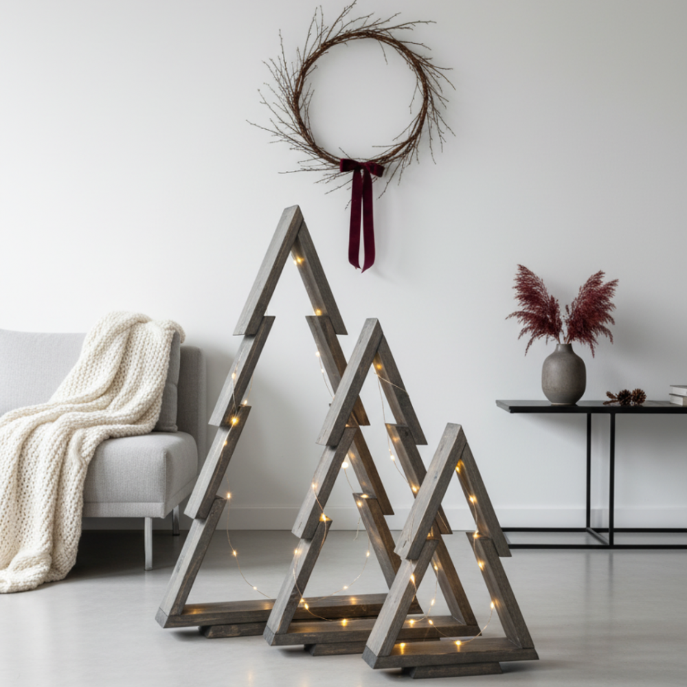 Choinka drewniana stojąca 59,5x39cm ZMONTOWANA IMPREGNOWANA szara eko ozdoba