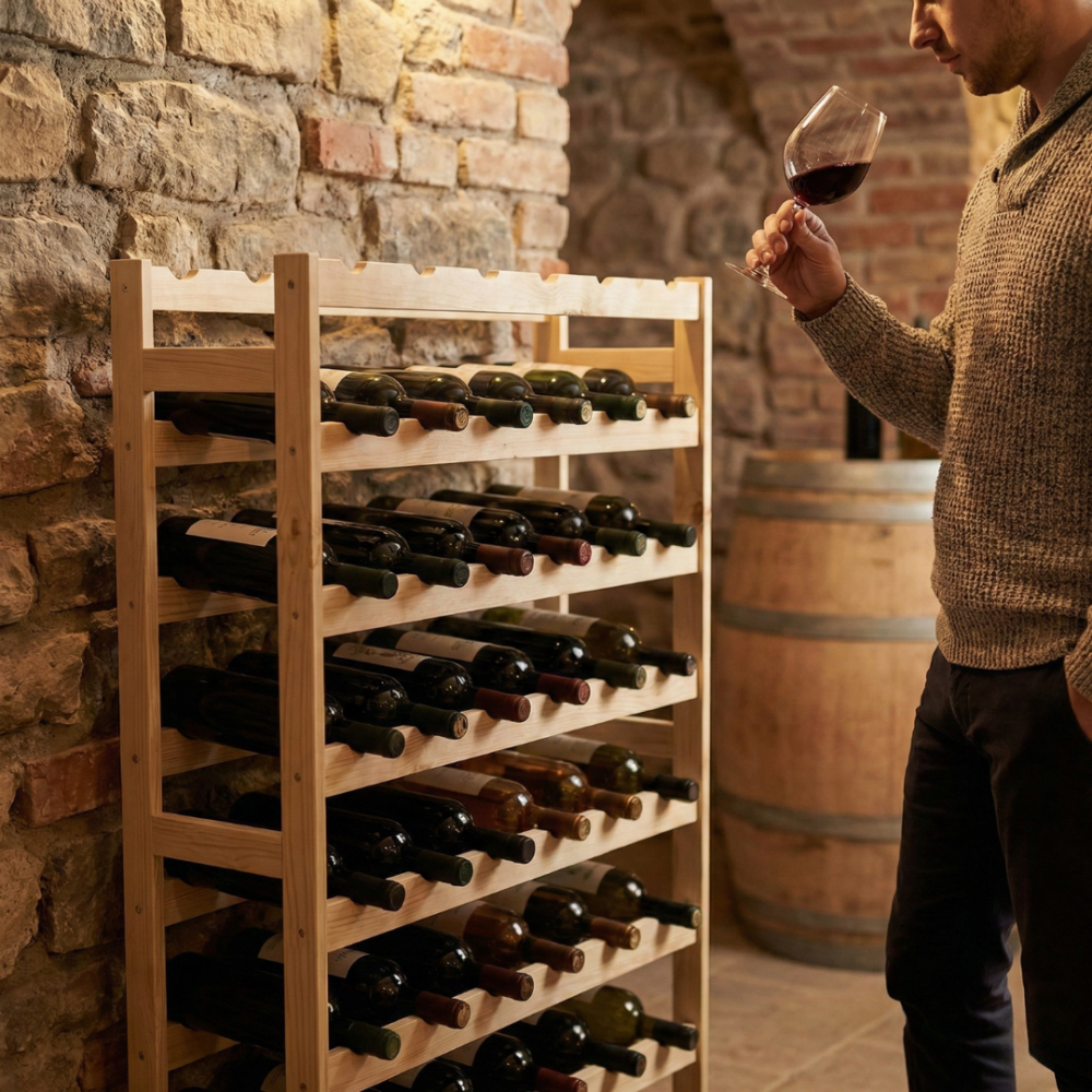 REGAŁ NA WINO STOJAK NA BUTELKI DREWNIANY 56 BUTELEK SOSNOWY PRODUCENT