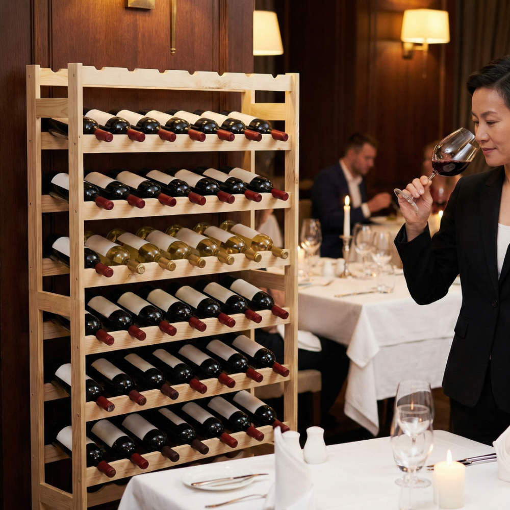 REGAŁ NA WINO STOJAK NA BUTELKI DREWNIANY 56 BUTELEK SOSNOWY PRODUCENT