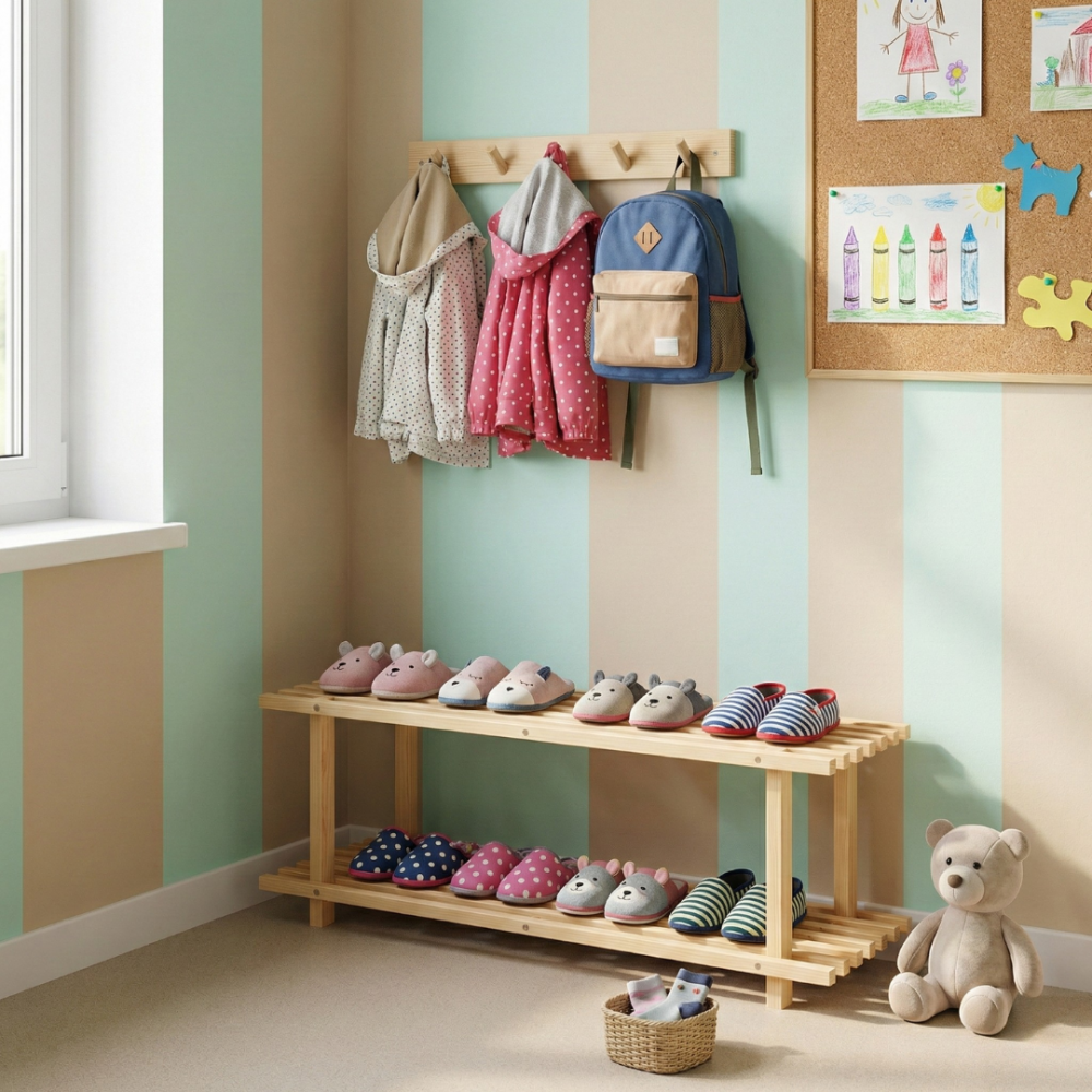 REGAŁ DREWNIANY NA BUTY KWIATY 2 PÓŁKI SOSNOWY STOJAK DO PRZEDPOKOJU EKO