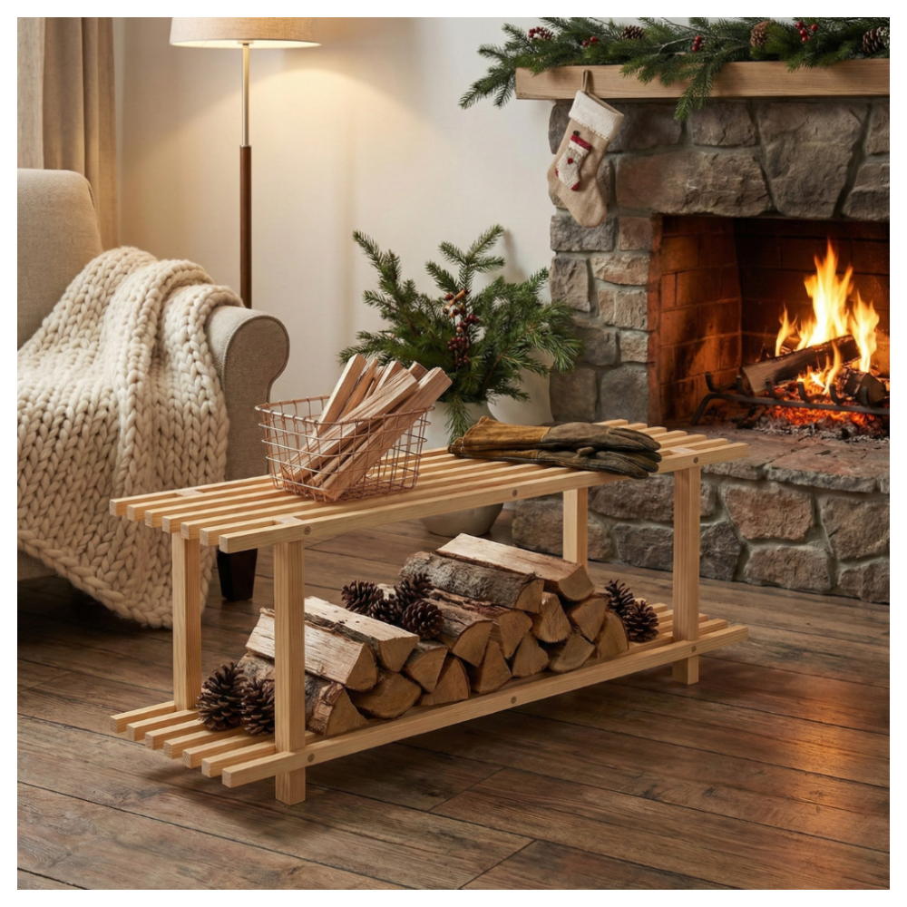 REGAŁ DREWNIANY NA BUTY KWIATY 2 PÓŁKI SOSNOWY STOJAK DO PRZEDPOKOJU EKO