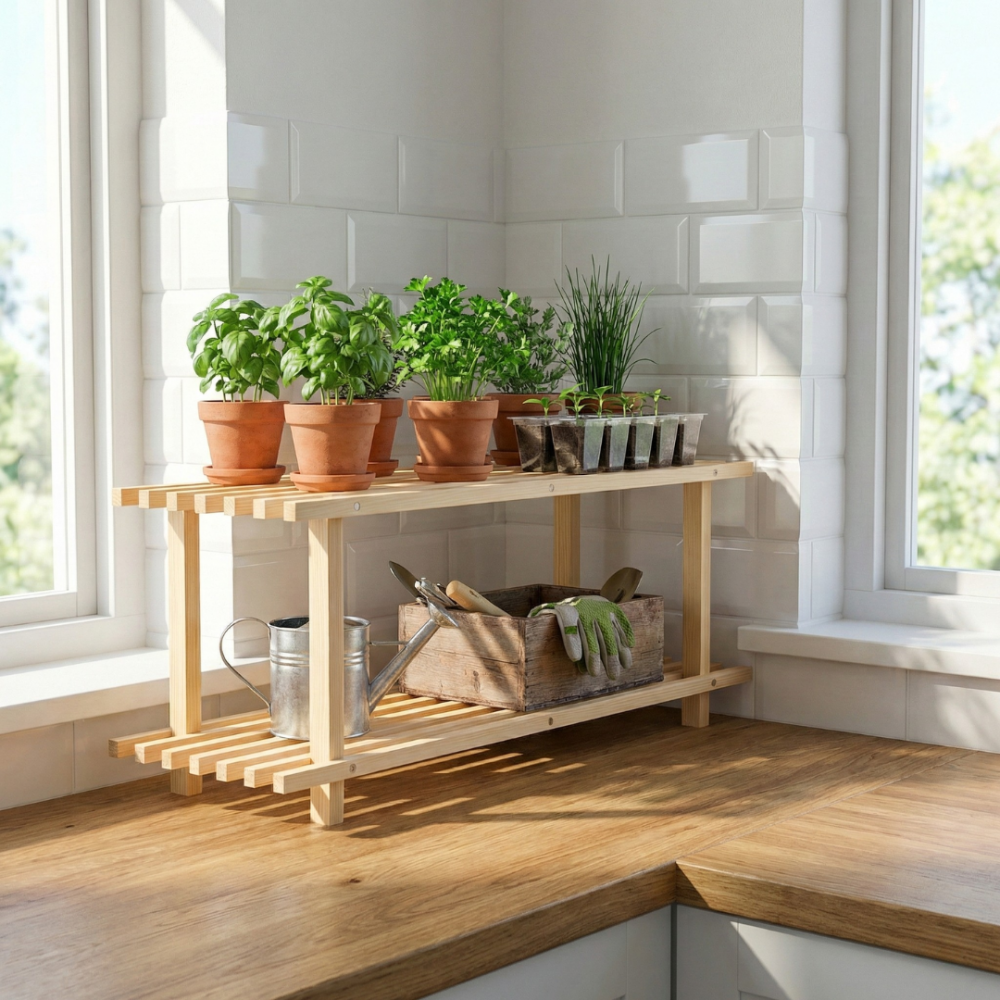 REGAŁ DREWNIANY NA BUTY KWIATY 2 PÓŁKI SOSNOWY STOJAK DO PRZEDPOKOJU EKO