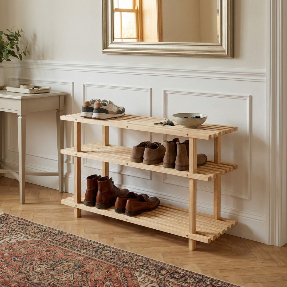 REGAŁ DREWNIANY NA BUTY 3 PÓŁKI SOSNOWY DO SPIŻARNI PÓŁKA STOJAK PRZEDPOKÓJ