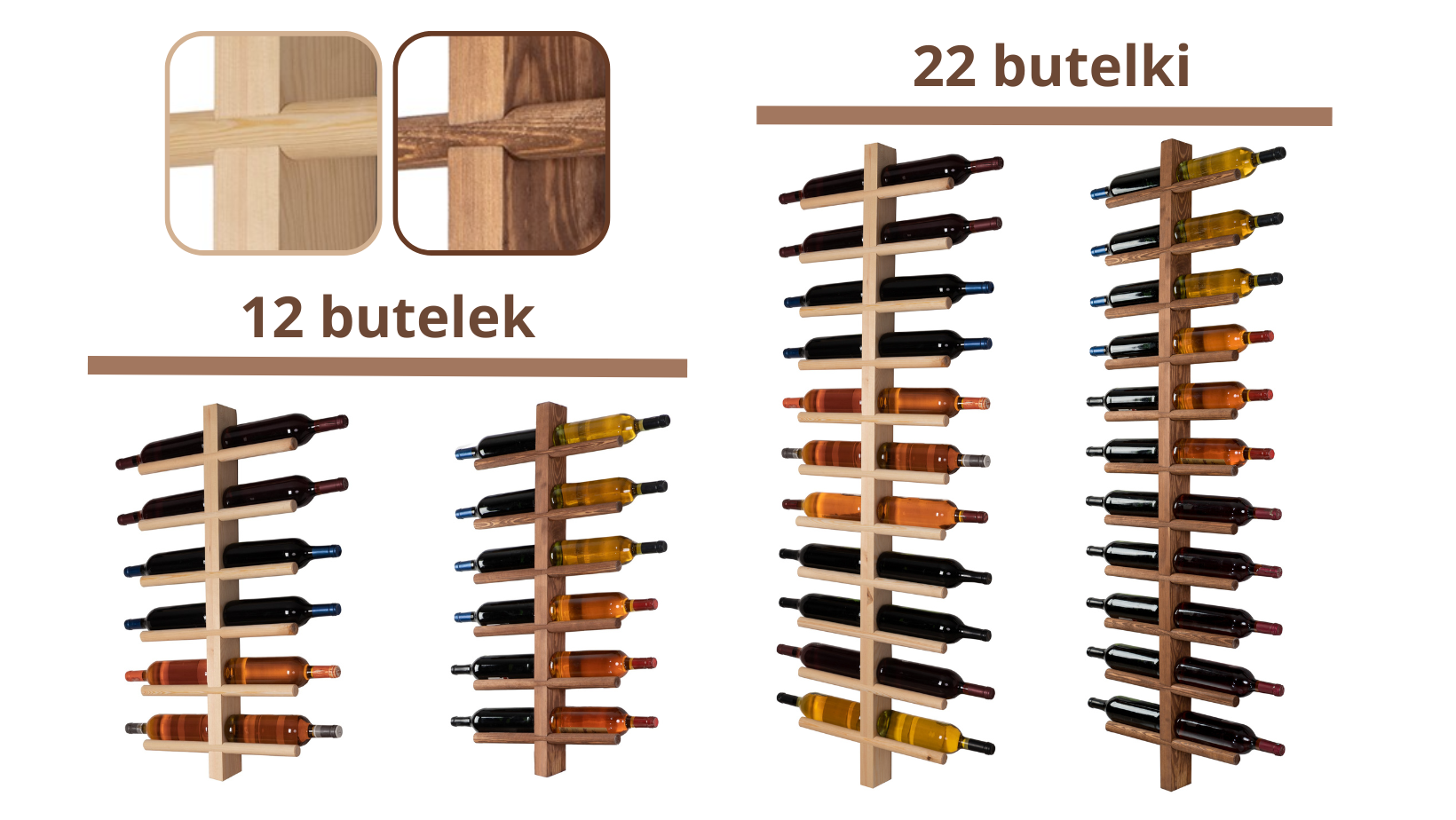 drewniane wieszaki na butelki, surowe i w kolorze